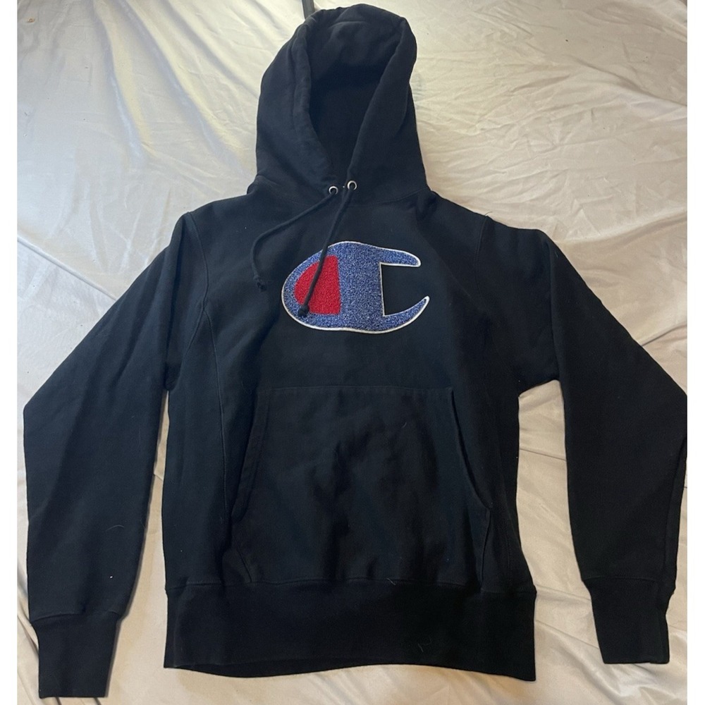 Champion Reverse Weave Hoodie Mens Small Black Pullover Fleece Big C Logo